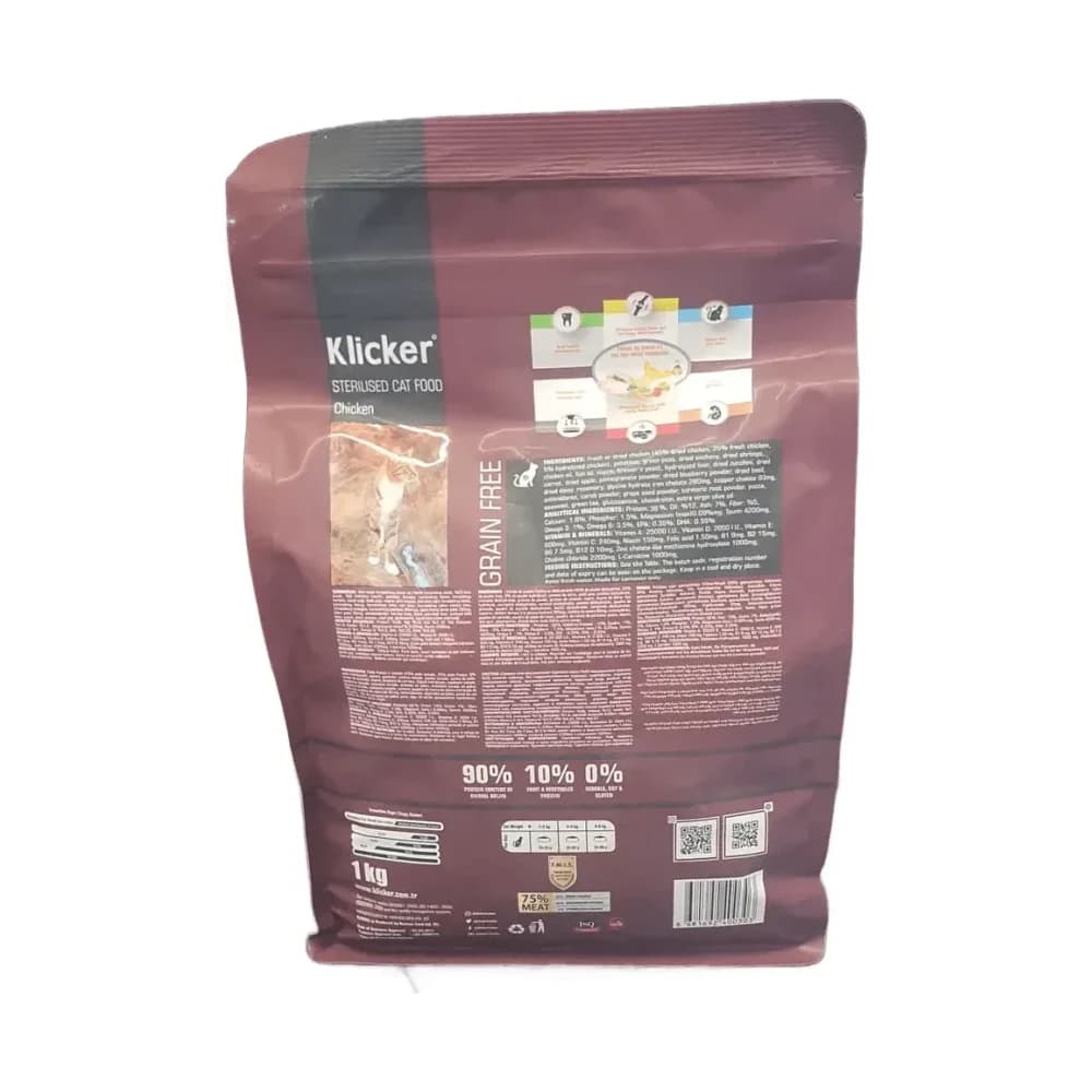 Klicker Kısırlaştırılmış Kedi Maması Tavuklu Tahılsız 1 kg - küçük görsel 3